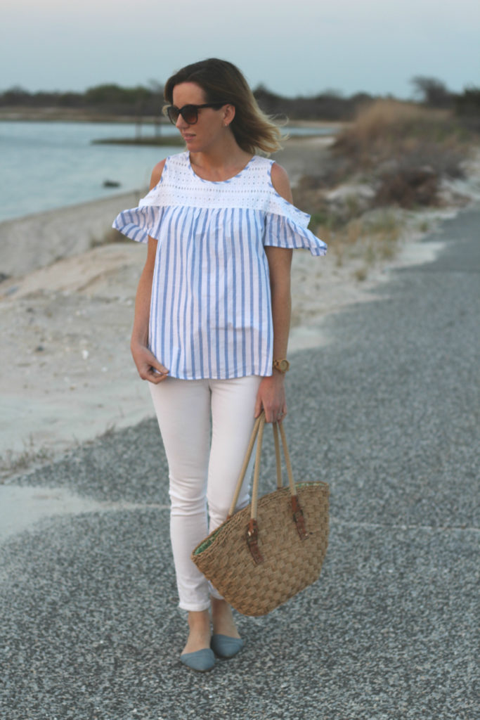 blue and white striped cold shoulder top